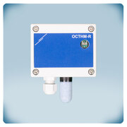 Light grey plastic enclosure, blue front label, technical label, cable gland