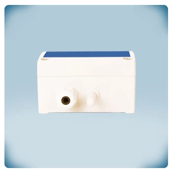 HVAC sensor in light grey enclosure for surface mounting, blue front label