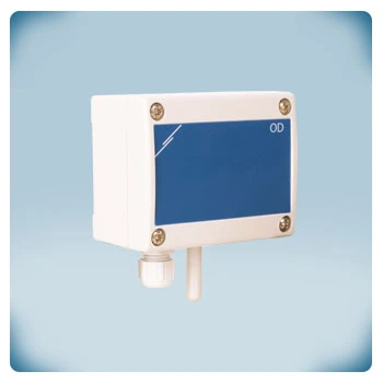 HVAC sensor in light grey enclosure for surface mounting, blue front label