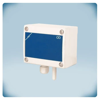 HVAC sensor in light grey enclosure for surface mounting, blue front label