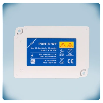 White plastic enclosure with blue label