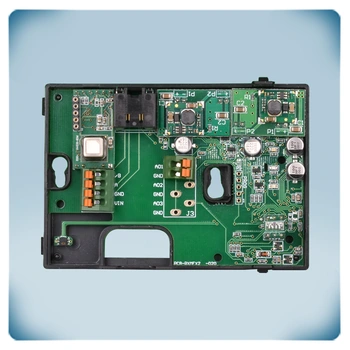 PCB with electronic components in black plastic enclosure for wall mounting