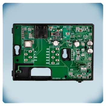 PCB with electronic components in black plastic enclosure for wall mounting