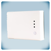 White enclosure with airflow openings and LED indicators