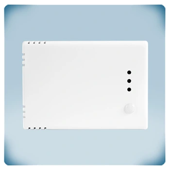 White plastic enclosure with LEDs and cutouts for air flow