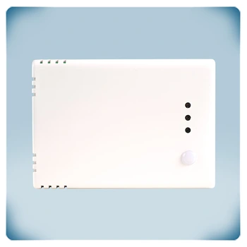 White plastic enclosure with cutouts for air flow, 3 LEDs and white lens