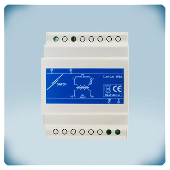 Light grey plastic enclosure with blue front label, DIN rail mounting