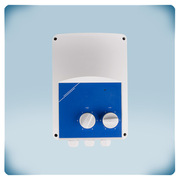 Light grey plastic enclosure with blue front label, two knobs, surface mounting