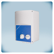 Light grey plastic enclosure, blue front label, two knobs