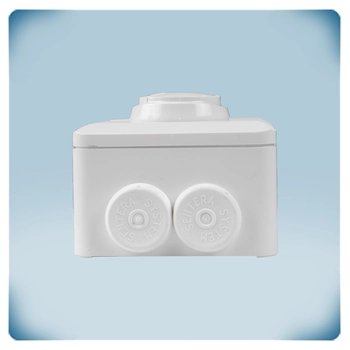 White plastic enclosure, knob and two cable glands