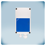 Light grey plastic enclosure, blue front label, three cable glands