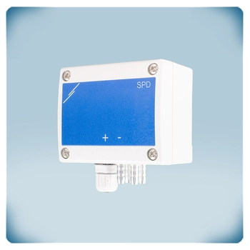 Differential pressure sensor in a light grey enclosure, blue front label