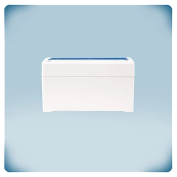 Grey plastic box with blue front label