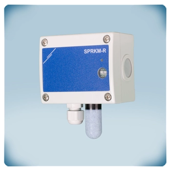 Light grey plastic enclosure with blue front label