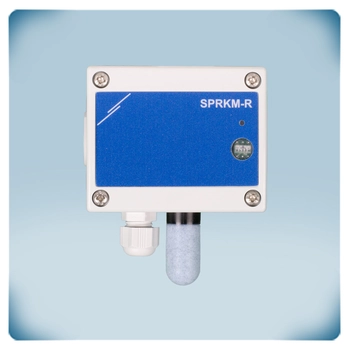 Light grey plastic enclosure with blue front label