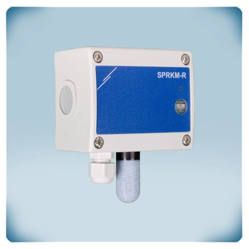 Light grey plastic enclosure with blue front label