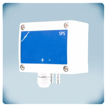 Differential pressure sensor in a light grey enclosure, blue front label