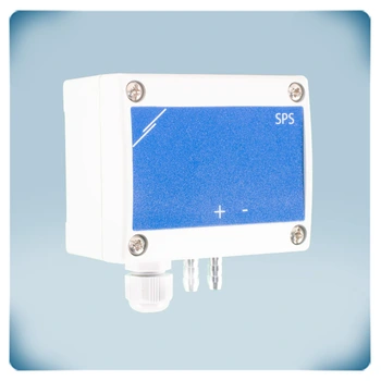 HVAC sensor in light grey enclosure for surface mounting, blue front label