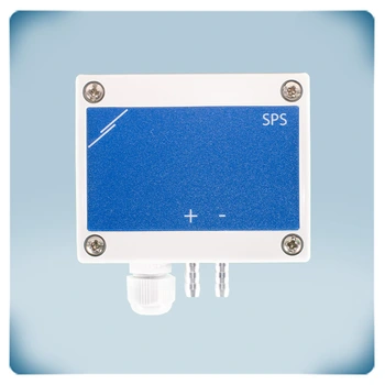 Differential pressure sensor in a light grey enclosure, blue front label