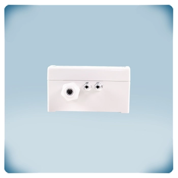 HVAC sensor in a light grey enclosure for harsh environments, blue front label,