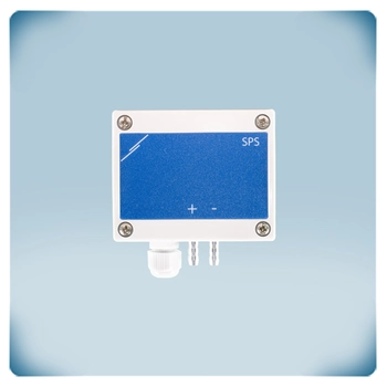 HVAC sensor in a light grey enclosure for harsh environments, blue front label,
