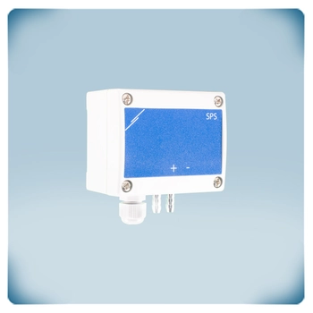 HVAC sensor in a light grey enclosure for harsh environments, blue front label,