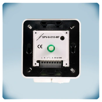 White enclosure with black frame, terminal block and white label