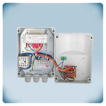 Electrical wiring in light grey plastic enclosure