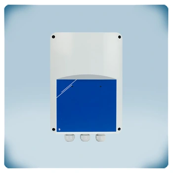 Light grey plastic enclosure with blue front label, cable glands