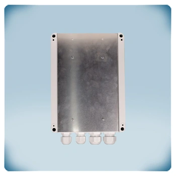 light-grey plastic enclosure, cable glands, cooling plate
