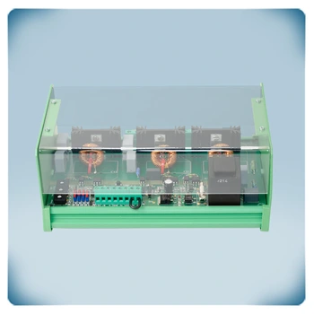 Electronic circuit in plastic enclosure for DIN rail mounting