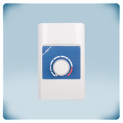 Light grey plastic enclosure with knob and blue front label