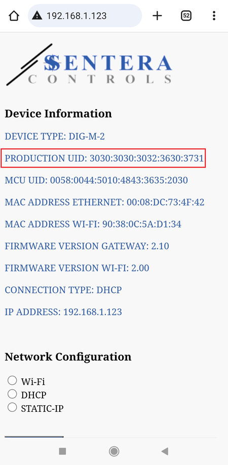 Screenshot of gateway internal host page with main information