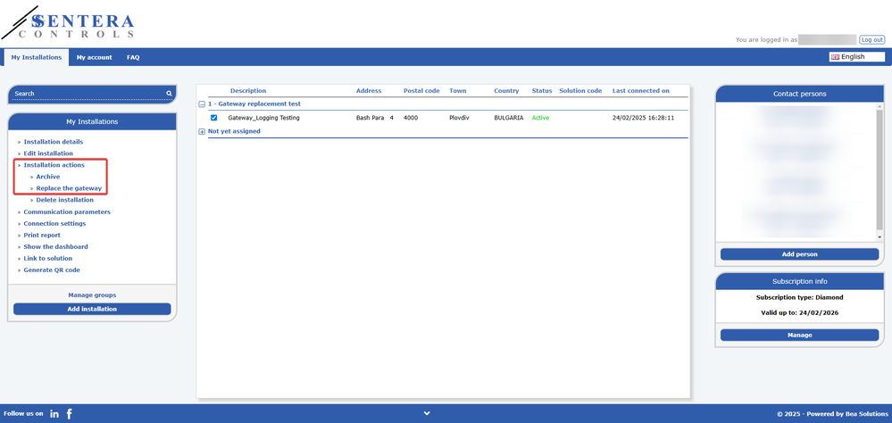 Screenshot showing where to click in SenteraWeb to replace the gateway in active installation