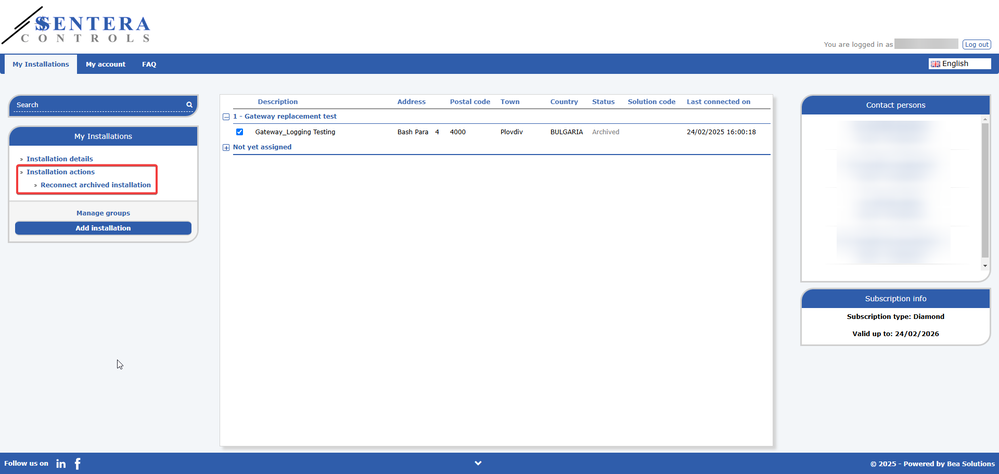 Screenshot showing where to click in SenteraWeb to replace the gateway in archived installation