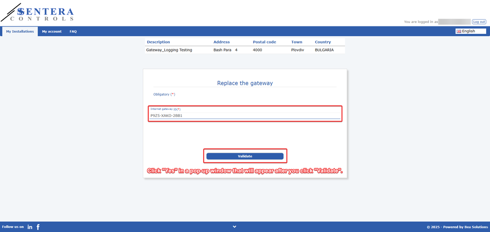 Screenshot showing where to enter gateway serial number