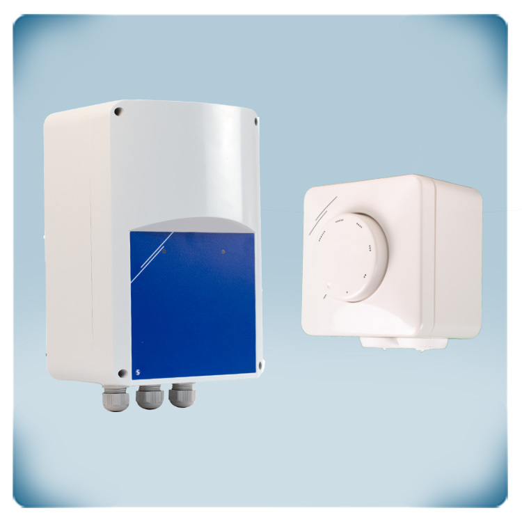controlador de velocidad del ventilador transformador con interruptor remoto, en colores gris, azul y blanco