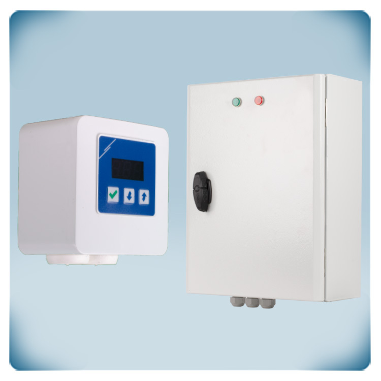 controlador de velocidad del ventilador transformador con interruptor remoto, en colores gris, azul y blanco