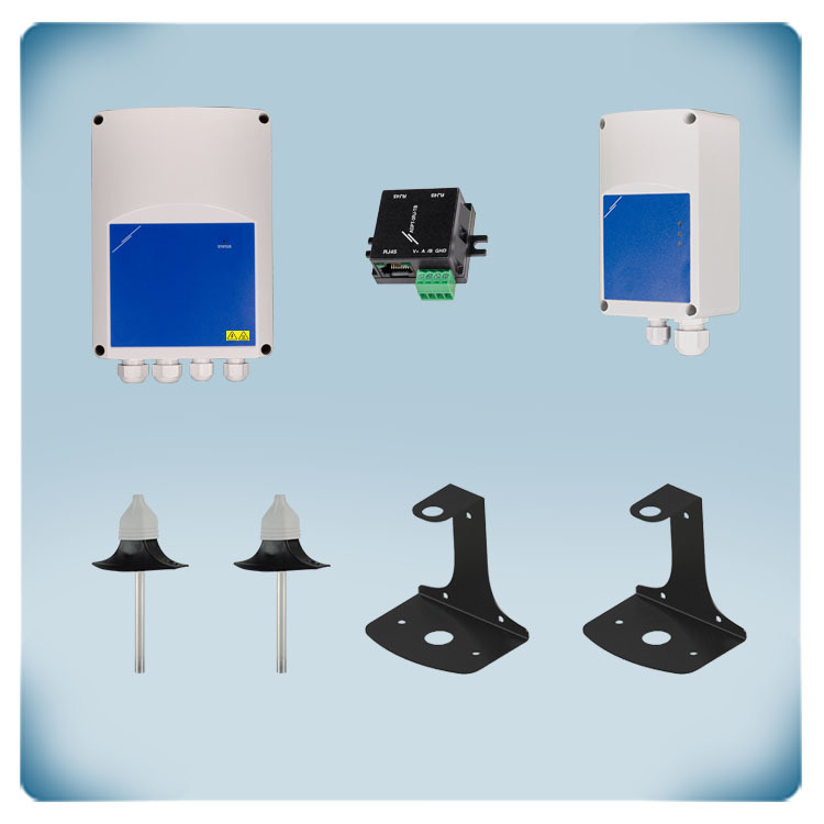 Etiqueta azul, caja blanca, sensor de temperatura con sonda de acero inoxidable