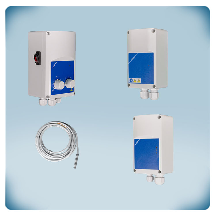 Caja de plástico gris claro, etiqueta azul, sensor de temperatura