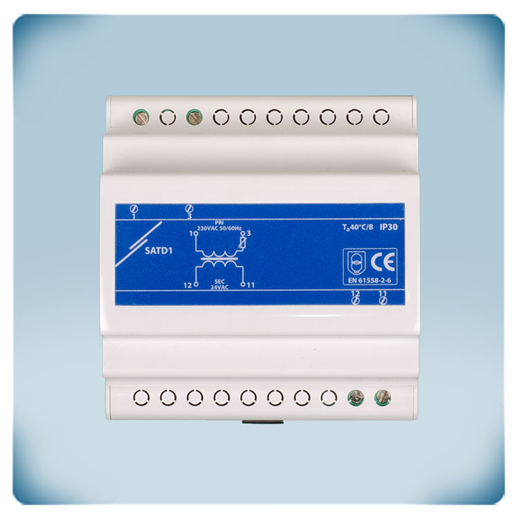 Boîtier transformateur de sécurité monophasé 12 VCA / 63 VA rail DIN