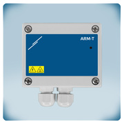 Contenitore in plastica grigio chiaro con etichetta frontale blu, LED