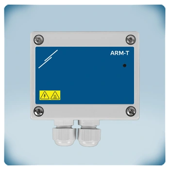 Contenitore in plastica grigio chiaro con etichetta frontale blu, LED