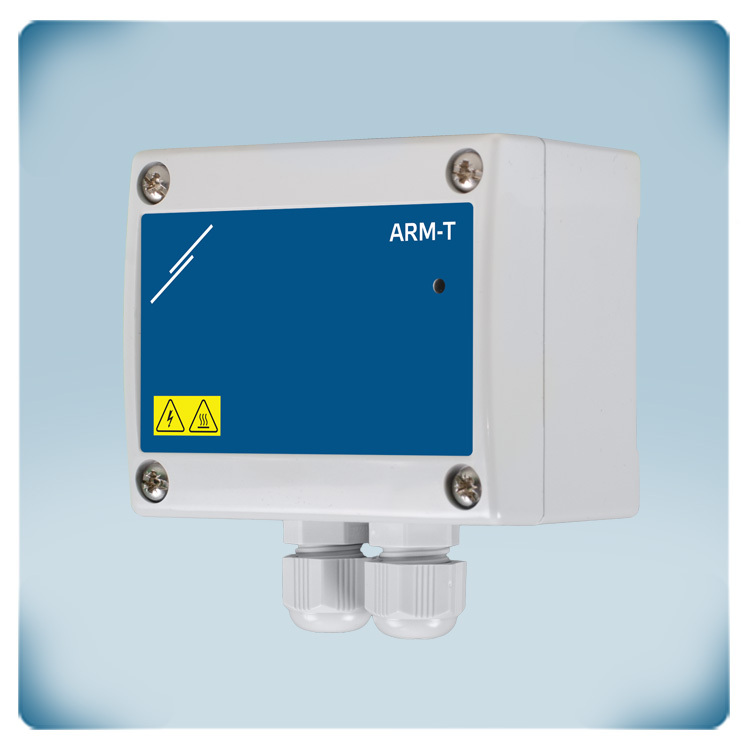 Contenitore in plastica grigio chiaro con etichetta frontale blu, LED