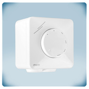 White plastic enclosure with knob and print