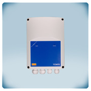 light-grey plastic enclosure, cable glands, blue front label