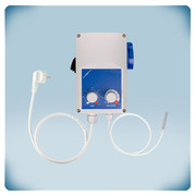 Lichtgrijze behuizing, blauw PVC label, geïntegreerde schakelaar en potentiomete