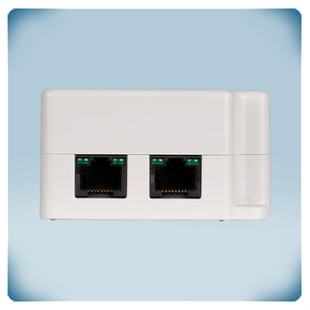 Grijze plastic behuizing met 2 RJ45 connectoren met LEDs