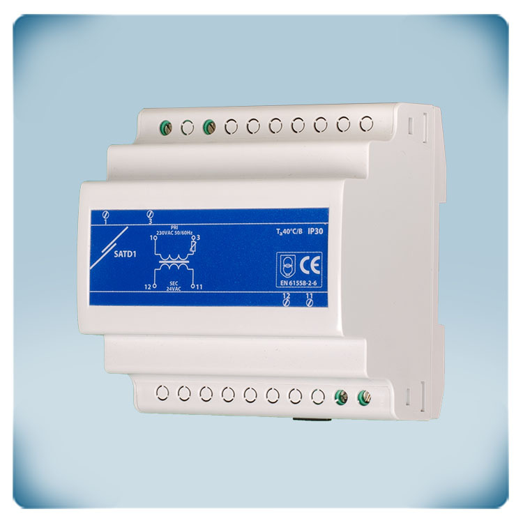 Lichtgrijze kunststof behuizing, klemmenblok, DIN-rail, blauw label