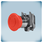 Red plastic mushroom head on a metal cilinder.